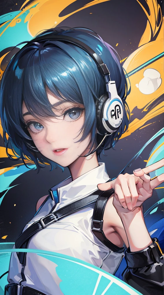 Top Quality, 8K, 4K, High Definition, Detail, (better-quality, 8K, 12), top-quality, 1 girl, short hair, she siting, wearing headphones, music effect around,