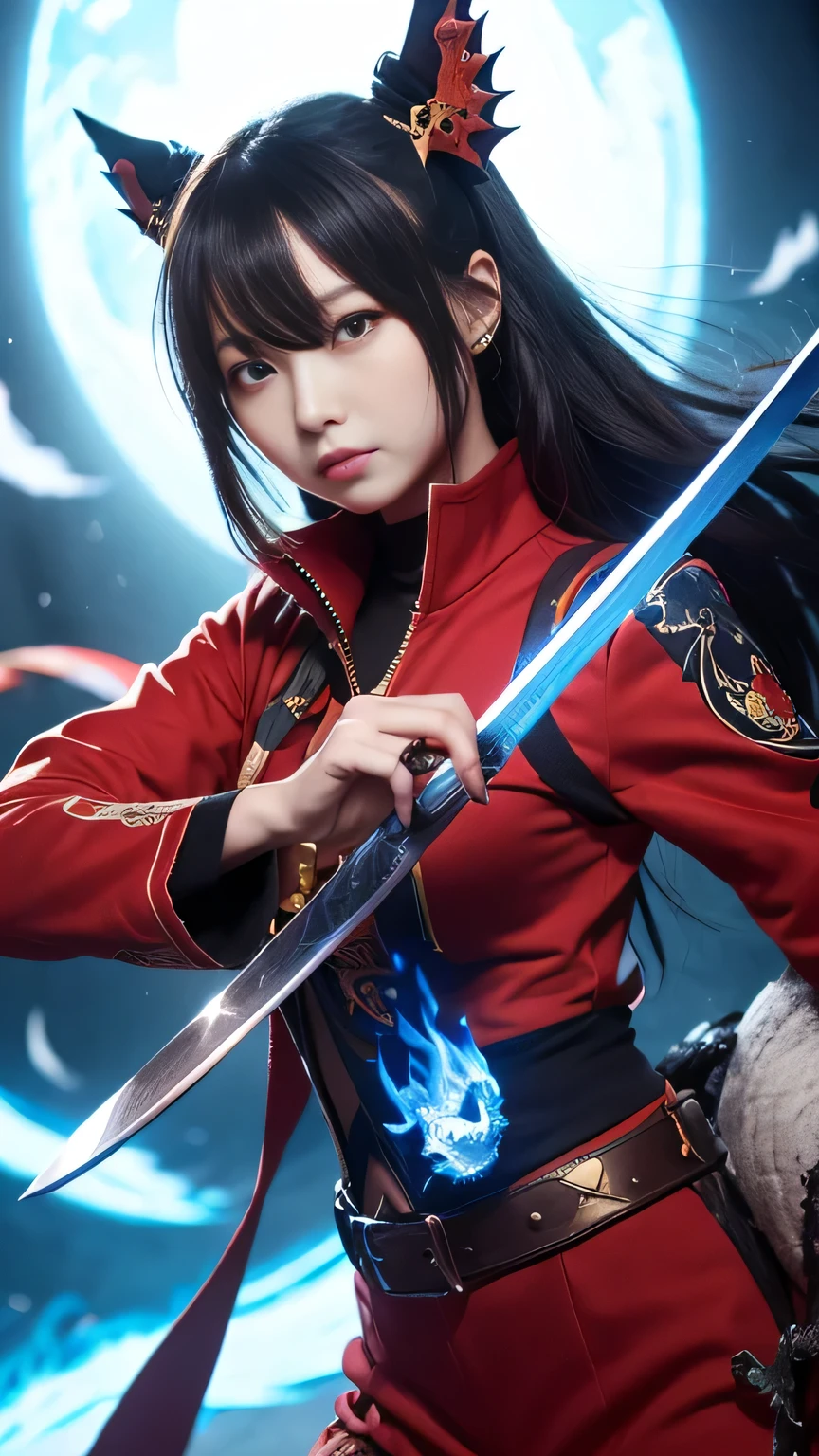 Girl, Holding a sword decorated with Japanese symbols, twin sword，Blue flames coming out of the decoration, A dragon came out of it、A blue wind blows with a skull ghost, Perfect Judy with a face and scythe，The woman is wearing a proper red outfit made of sickle steel., The woman&#39;s hair is black, The girl is the incarnation of a demon., Dragon on background，(The background of the CG 8k module is very detailed) (Highest quality), (Best illustrations), (Best shade), Highly detailed t-v6 mix 4, (8k, RAW Photos, Highest quality, masterpiece: 1.45), (Realistic, photoRealistic: 1.37), One Girl, cute, Professional Lighting, Photon Mapping,Small face，(cute顔:1.2)



