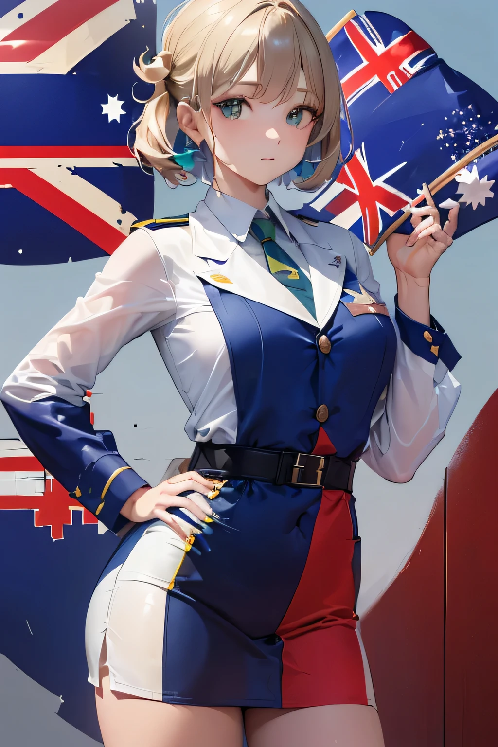(((Australian flag-inspired outfit:1.3))),(((Woman in men's clothing:1.3))),(Federation Star),(masterpiece,Highest quality,Ultra-high resolution output images,Write boundary depth,Intricate details,Adding dimension to your subject with the contrast of light and shadow,Anatomically correct facial structure),(Picture Mode Ultra HD,)