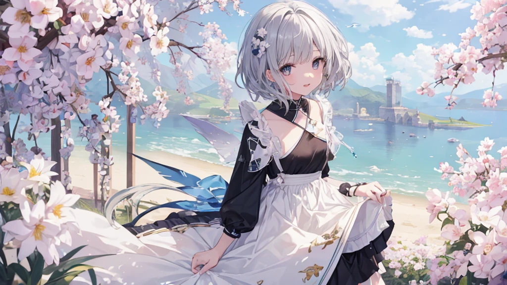 Ultra HD,Look at the viewers, Put your hands behind your back, With a girl, 20-year-old, 非常にShort Hair, Long bangs between the eyes, Pale blue eyes, Very detailed,(masterpiece、Highest quality),Gray Hair、Laughter、Fantastic, Silver Hair, Iris, Short hair、 Fluttering Hair、Small Face、明るいsmile、(Detailed face) ,Professional Lighting,Wonderful landscape,blue sky, sunlight,Looking down from above,Portraiture、Open your mouth、Flower Field、Her eyes were shining、Mysterious and enchanting atmosphere。With AI Painting、とてもShort Hair, Long bangs between the eyes, Very detailed,(masterpiece、Highest quality)、alone、Gray Hair、Fantasy, Silver Hair, Fantasyな風景、smile、Open your mouth、short hair、Short Hair、hairpin、black eye、Grey Eyes、Beautiful Eyes、Black Shirt、White hoodie