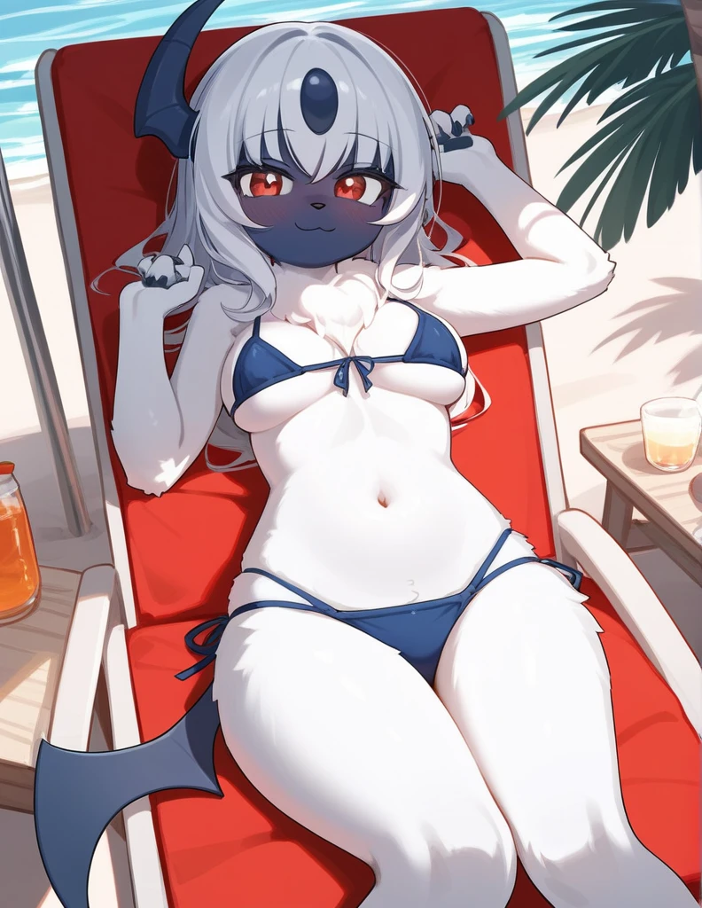  Score_9, score_8, score_7, source_anime, Anthro, jade, Anthro shark girl, grey skin, white hair with green ends, eyes covered, wearing aviator sunglasses, whistle necklace, wearing red bathing suit, sitting on a white lifeguards chair, on a lifeguard tower, legs crossed, serious expression, side view, at the beach, outdoors, lounging on a white chair,