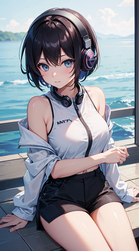 Top Quality, 8K, 4K, High Definition, Detail, (better-quality, 8K, 12), top-quality, 1 girl, short hair, she siting, wearing headphones, music effect around,
