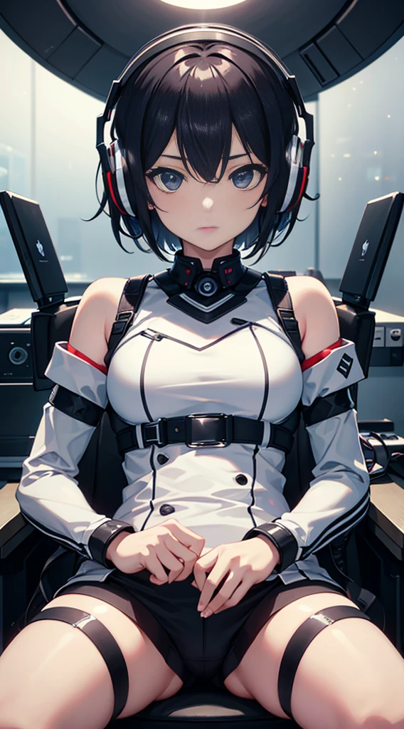 Top Quality, 8K, 4K, High Definition, Detail, (better-quality, 8K, 12), top-quality, 1 girl, short hair, she siting, wearing headphones, music effect around,