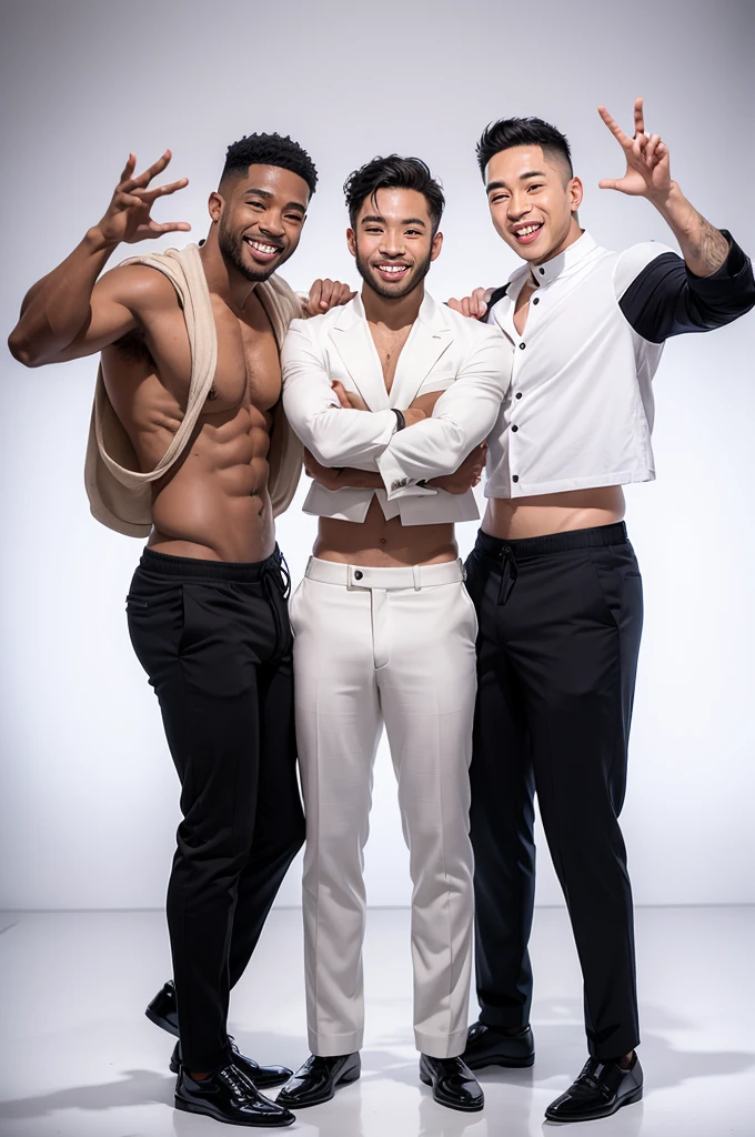 Men of different ethnicities posing for photos all in different poses and separated from each other, casually dressed. The scene must include three men in dynamic positions, with smiles and confident expressions, captured in a natural and relaxed moment. The background must be all white.