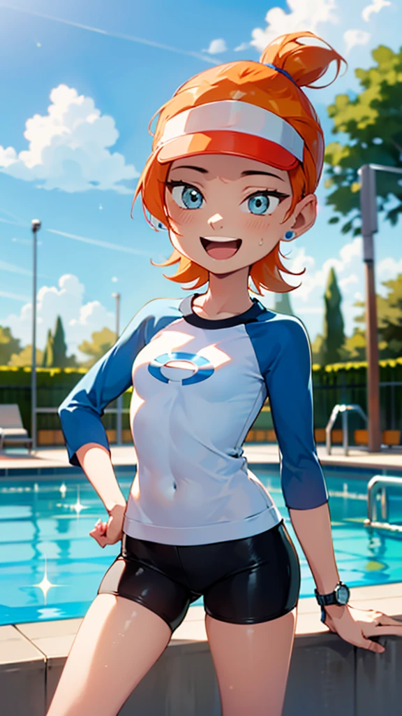 1 girl, masterpiece, best quality, highres, ro1, Misty from pokemon, hair bun, blue eyes, visor cap, , raglan sleeves, blue bicycle shorts, small ponytail on the side, wristwatch, standing, hand on hip, smile, open mouth, (sparkle:1.1), orange hair, medium breasts, 3/4 body view, outdoors, swimming pool