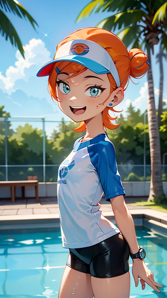 1 girl, masterpiece, best quality, highres, ro1, Misty from pokemon, hair bun, blue eyes, visor cap, , raglan sleeves, blue bicycle shorts, small ponytail on the side, wristwatch, standing, hand on hip, smile, open mouth, (sparkle:1.1), orange hair, medium breasts, 3/4 body view, outdoors, swimming pool