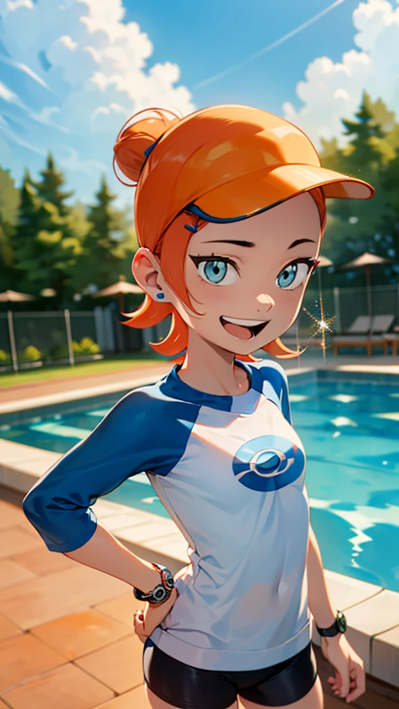 1 girl, masterpiece, best quality, highres, ro1, Misty from pokemon, hair bun, blue eyes, visor cap, , raglan sleeves, blue bicycle shorts, small ponytail on the side, wristwatch, standing, hand on hip, smile, open mouth, (sparkle:1.1), orange hair, medium breasts, 3/4 body view, outdoors, swimming pool