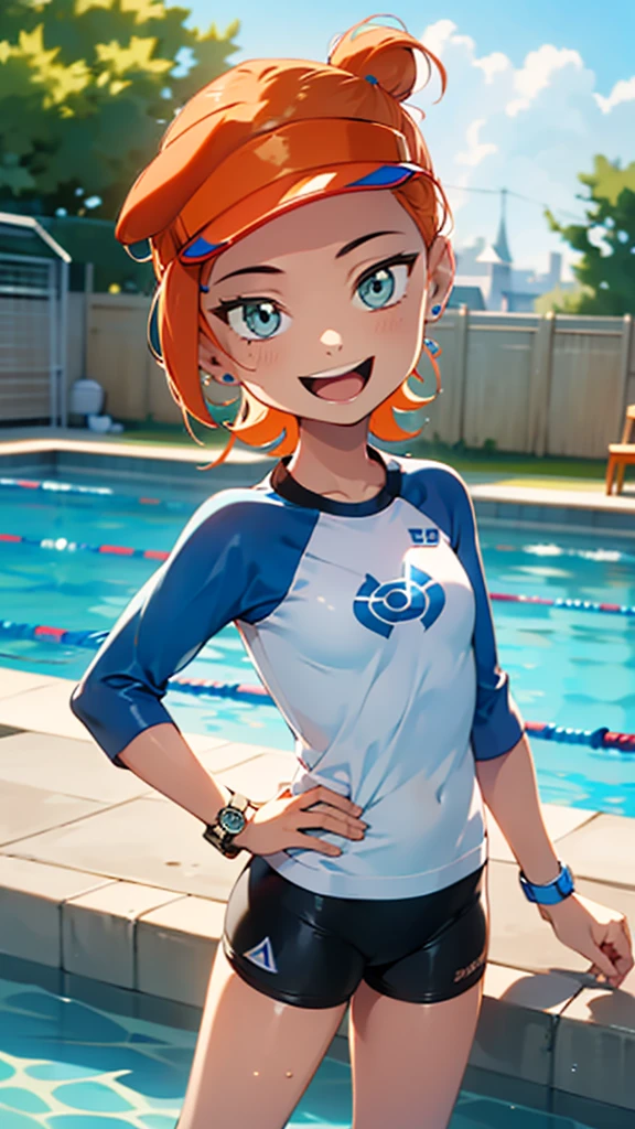 1 girl, masterpiece, best quality, highres, ro1, Misty from pokemon, hair bun, blue eyes, visor cap, , raglan sleeves, blue bicycle shorts, small ponytail on the side, wristwatch, standing, hand on hip, smile, open mouth, (sparkle:1.1), orange hair, medium breasts, 3/4 body view, outdoors, swimming pool