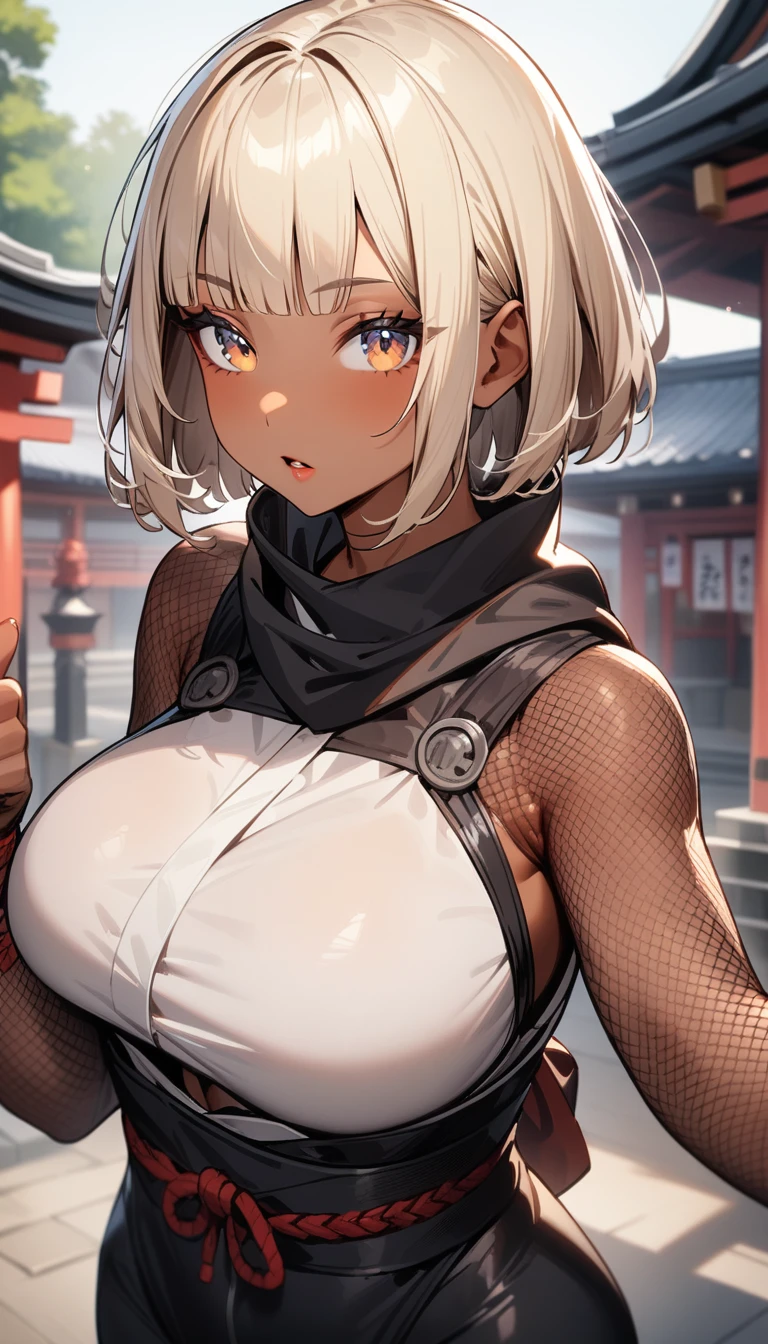 1girl,solo,super detailed skin,shiny skin,tanned skin,tanned face,expressionless,open mouth ,pale blonde hair,short hair,blunt bangs,detailed eye,eyelashes,lips gloss,large breasts,fullbodysuit,fishnet arms,ninja clothes ,thumbs up,front shot, shrine,masterpiece,best quality,ultra detailed,high resolution,sharp focus