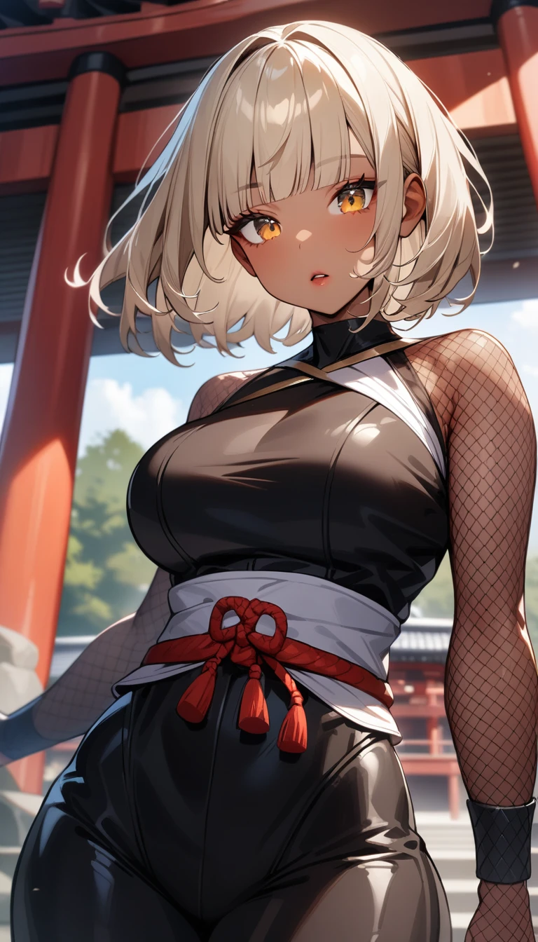1girl,solo,super detailed skin,shiny skin,tanned skin,tanned face,expressionless,open mouth ,pale blonde hair,short hair,blunt bangs,detailed eye,eyelashes,lips gloss,large breasts,fullbodysuit,fishnet arms,ninja clothes ,thumbs up,front shot, shrine,masterpiece,best quality,ultra detailed,high resolution,sharp focus