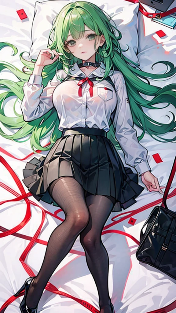 20 years old，woman，Green Hair，Translucent shirt，Black pleated skirt，Half-off black pantyhose，Black high heels，Exposure，Red rope bundle，Dog Collar，Large Breasts，lie on the floor，Open your legs，Raise your legs，urination，