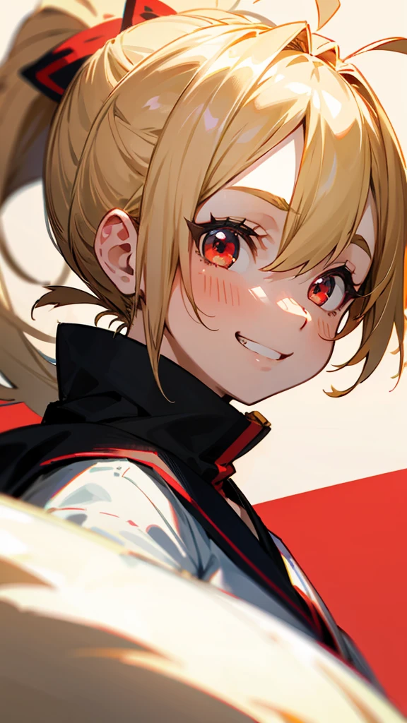 1 girl、Anime Images、blonde、ponytail、Round red eyes、Ahoge、Grin、From the side、Upper body close-up