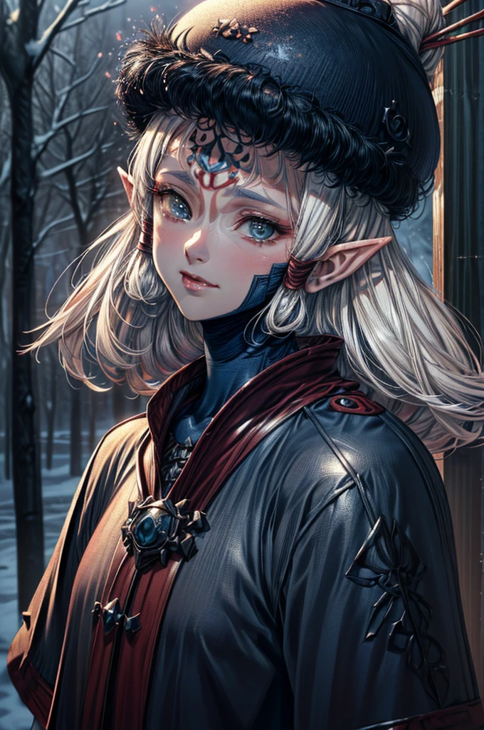 (masterpiece:1.1), (best quality:1.1), 1girl, Real light and shadow, anime face, 4k, 8k, wallpaper,epic, detail texture, Paya, elf ears, pointy ears, White hair, Dark skin, tanned skin, (blue eyes:1.5), ((((white hair:1.35, long hair)))),intricate eyes,beautiful detailed eyes, (symmetrical eyes,big eyes:1.5,(((lustrous skin:1.5,bright skin: 1.5,skin tanned,shiny skin,very shiny skin,shiny body,plastic glitter skin,exaggerated shiny skin,illuminated skin))),(detailed body,(detailed face)), cute, erotic,daring, (((medieval man armor, fur hat, adventurer man armor,winter coat))),(((intricate outfit,intricate clothes, embroidered outfit,ornate outfit,embroidered clothes,ornate clothing))), (dynamic pose:1.0),happy,smile,(centered,scale to fit dimensions,Rule of thirds), ((snowy pine forest at night)), with dark stormy clouds,winter,scenery:1.25,((snow forest background)),Christmas tree, highres,sharp focus,(ultra detailed,extremely detailed),(photorealistic artwork:1.37),(extremely detailed CG unity 8k wallpaper),(((vibrant colors,vibrant theme))),(intricate),(masterpiece),(best quality),
