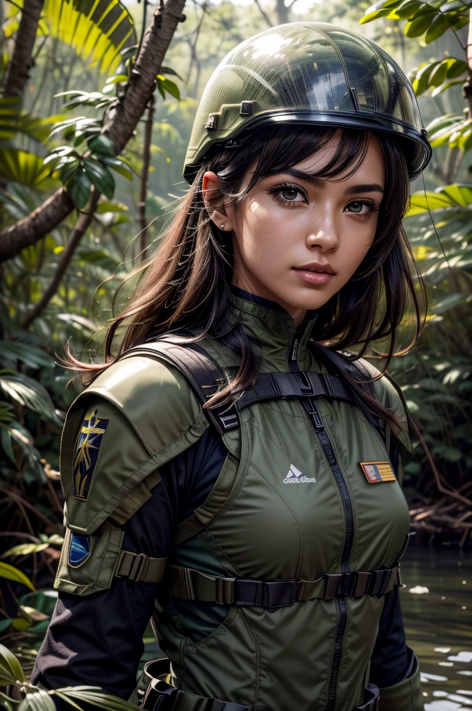 A female military commander leads a squad of soldiers through a lush mangrove forest、Standing with arms folded and legs apart、Beautiful and detailed eyes、Beautiful and detailed lips、Extremely detailed eyes and face、Long eyelashes、Tactical Helmet、armored suit、Tactical equipment、A determined look、Soldiers passed by her side.々Start running、Jungle Foliage、Dense mangrove trees々、Sunlight shining through the treetopuddy terrain、A meandering river、Cloudy、Cinematic照明、creates a dramatic影、high quality、8k、Super fine、Photorealistic、masterpiece、Cinematic、Spectacular、creates a dramatic、alen4_kryukova