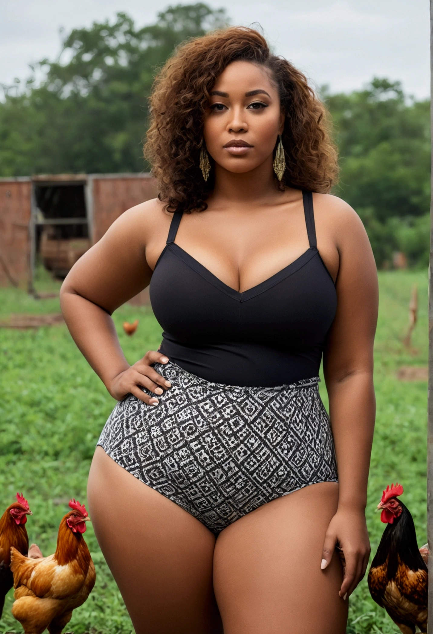 Women with thick thighs killing chickens and wearing tight