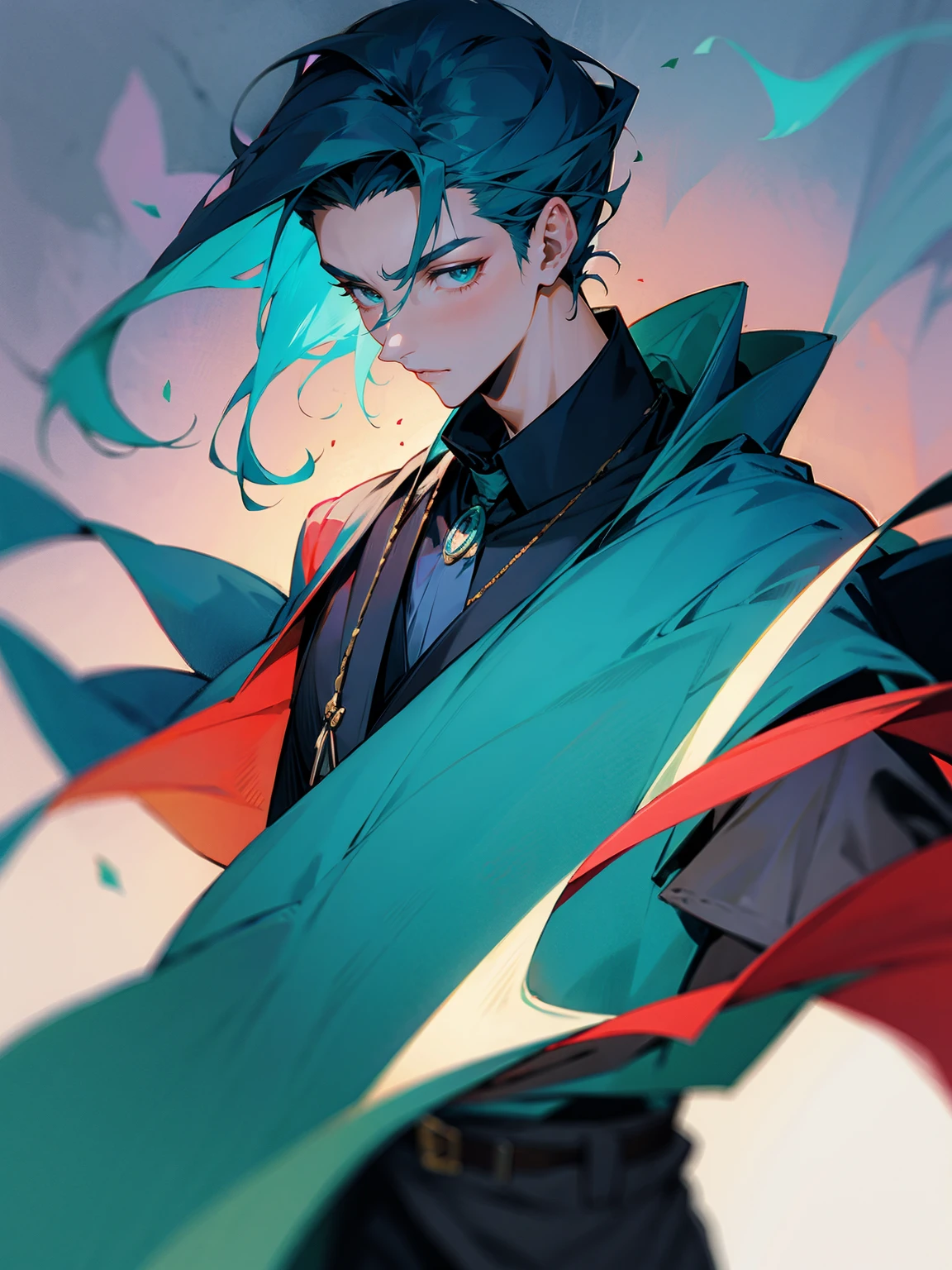 1male, Adult, teal hair, slickback hair, lean build, black yukata, cape, necklace, confident, magic