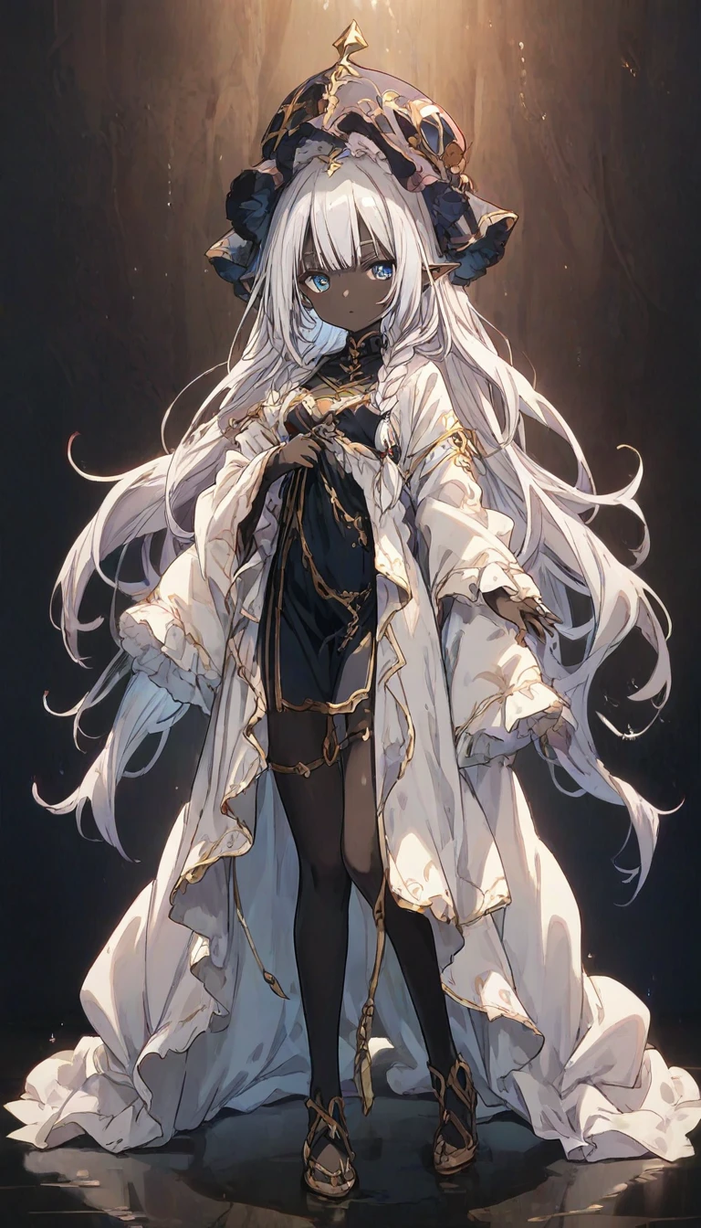 score_9, score_8_up, score_7_up, source_anime, full body, Dark Elf, Female, cute, (black skin:1.3), (Tall height:1.3), Small Breasts, Long Braids, Silver Hair, Pointed Hat, Robe, simple background