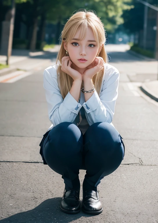 Dark blue high socks Magic Mix Real、(RAW Photos:1.2)、(Realistic:1.4)、The beauty of beautiful details And a delicate expression、Blonde、((I can see your pants))(Squat panty shot)Earrings eyelash Beautiful and delicate eyes、Large file size、Very detailed、Highest Resolution、Transcendental beauty Highest quality、masterpiece、、(Japanese Girls' high school ))、Very detailed 표현 grow、In detail、Very detailedな顔のビデオ照明、23-year-old girl、Look straight ahead、((Dynamic pose)))、(Sit with your knees bent))、Pleated skirt、Blazer coat、Sexy upward glance