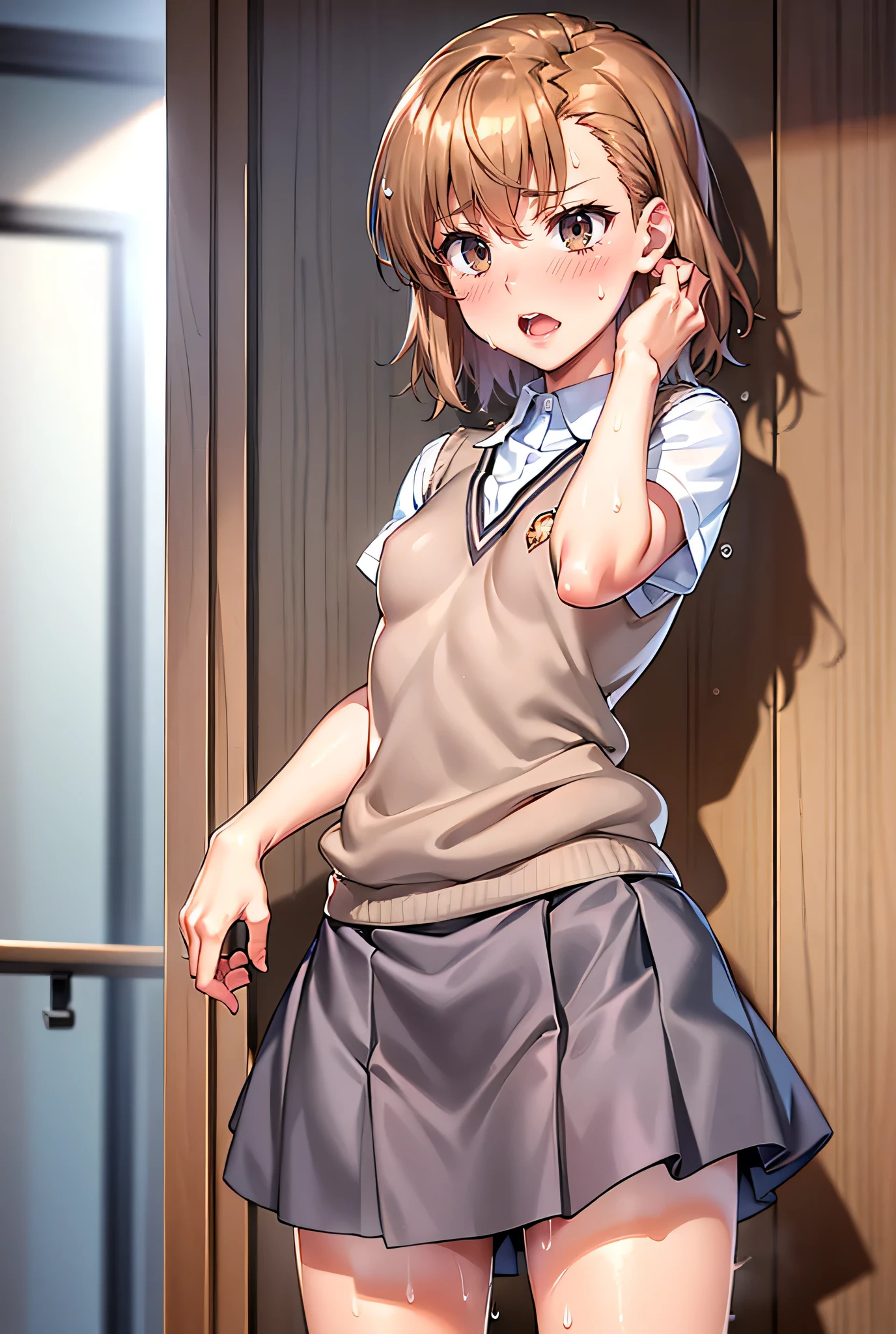 Smooth anime CG art、Focus Only、1 girl、Front view、(((Grey Skirt)))、Sweater vest、Short sleeve、(((Small breasts)))、(((sweat)))、Semi-short hair、(((Sweaty)))、Watery eye、blush、(((Embarrassed look)))、((Open your mouth))、(((Are standing)))、((indoor))