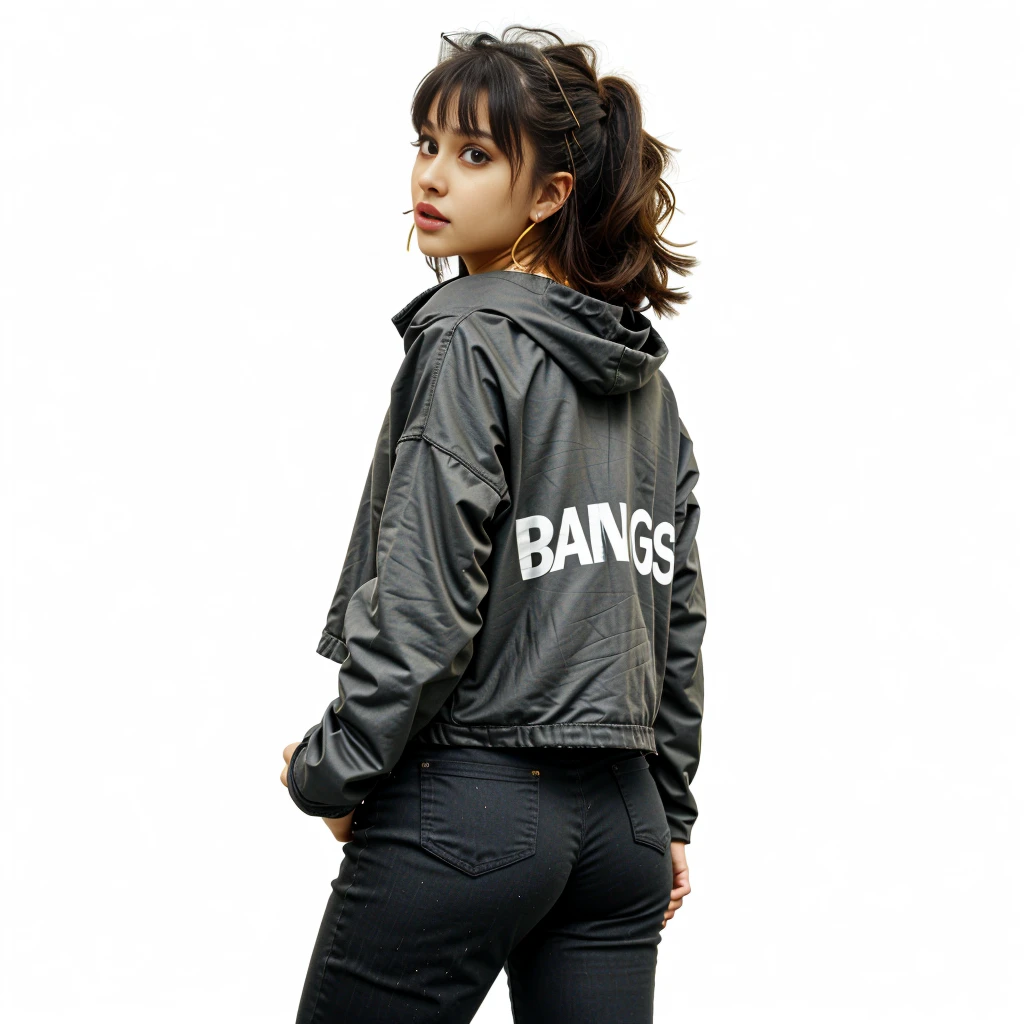 Ariana Grande, long black hair with black fringe bangs, gold hoop earrings,