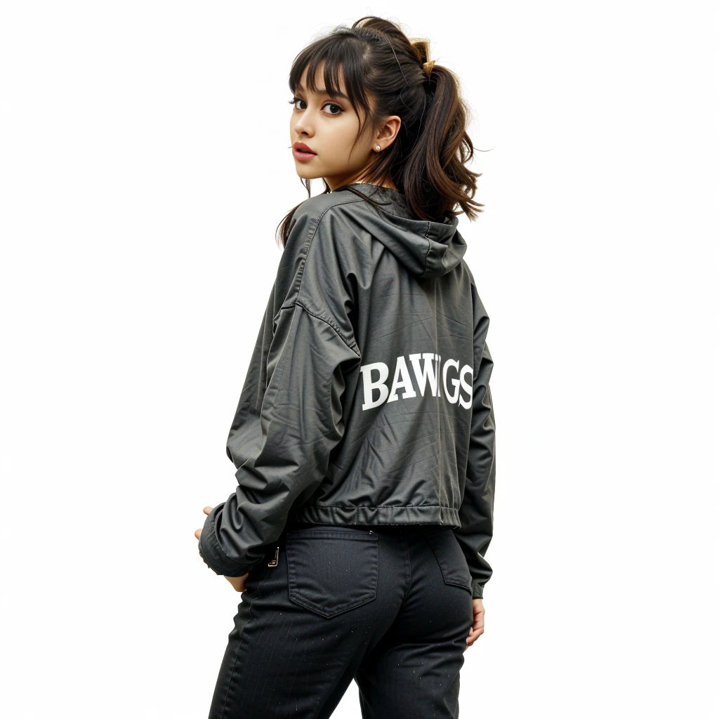Ariana Grande, long black hair with black fringe bangs, gold hoop earrings,