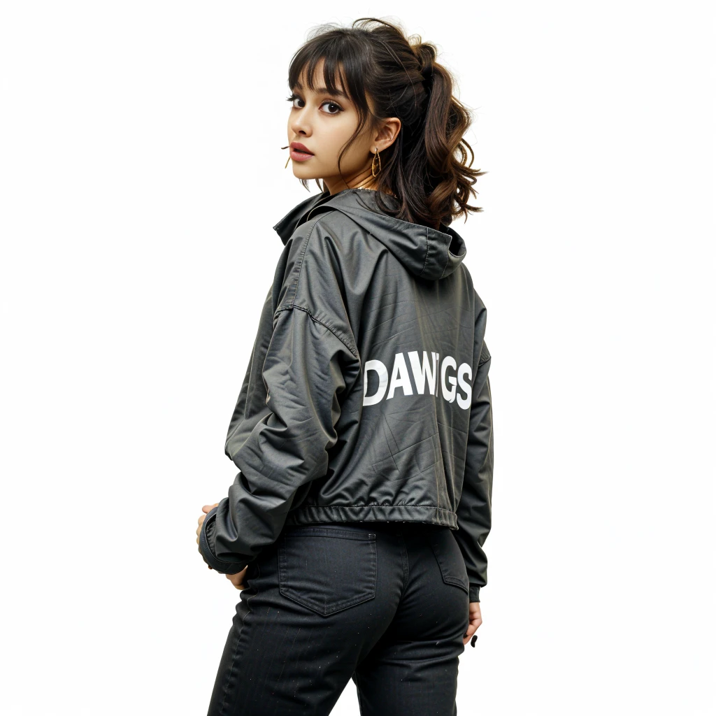Ariana Grande, long black hair with black fringe bangs, gold hoop earrings,