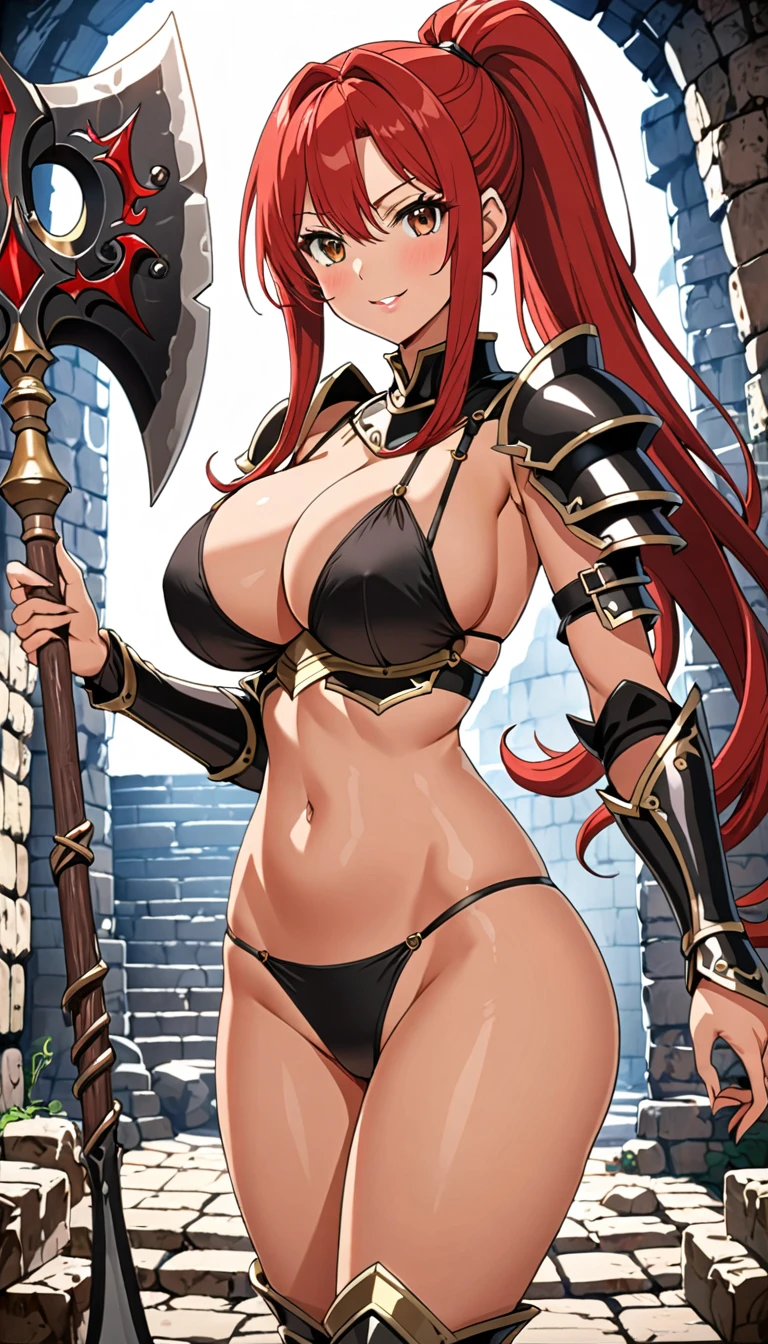 ((masterpiece)), ((high quality)), ((super detailed)), ((high resolution)) ,((8k)), a beautiful woman, ((She is one of the most famous female Berserker)), unparalleled beauty, ((huge breast:1.6)), ((large ass:1.2)), ((deep cleavage)), slim waist, chest out, ultra detailed face, perfect skin, (((Red long hair ponytail))), Brown eyes, detailed eyes, whole body image, (((anime))), ((glamorous)), 24 years old, ((incredibly beautiful woman)), ((The G cup bust)), ((((Black Bikini Armor)))), ((beautiful breasts)), beautiful legs, 8 life size, anime, the most beautiful, ((charm)), ((Grown-up face)), ((Perfect fingers)), ((Bewitching)), ((heroine)), ((Inside the dungeon, Adventurer, explore)), Dazzling Smile, ((erotic)), ((Holding a great axe in both hands)), R-15,