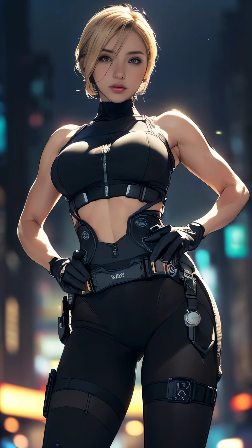(A woman),(((Future female police officer standing))),((Black Tactical Tights:1.5)),((Camel toe:1.5)),((earphone:1.5)),((Tactical Holster:1.5)),(Gloves:1.5),(((Hands on hips:1.5))),(front:1.5),(From below:1.2),(Super short hair:1.5),(Blonde:1.5),(beautiful eyes:1.3),(Very detailedな顔:1.5),((Very detailedな女性の手の描画:1.5)),((muscular:1.5)),(Sexy look:1.5),((Thick thighs:1.5)),(Beautiful Body:1.5),((Very sensual:1.5)),(The backdrop is a futuristic city:1.5),(Cyberpunk atmosphere:1.5),(((Blurred background:1.5))),(Written border depth:1.5),rest(((masterpiece:1.5),(best quality:1.5),(Very detailed:1.5),(high resolution:1.5),(Practical:1.5),(Practical:1.5),(Delicate depiction),(carefully drawn))),8K,wallpaper