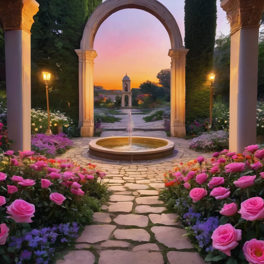 An enchanted garden at dusk, illuminated by a soft golden light. At the center, a stone path leads to an arch covered in flowers of different colors: red roses, white lilies, yellow and violet daisies. Each flower represents a memory of past loves. Ao fundo, an ancient fountain murmurs softly, and the sky is dyed in shades of pink and orange. Near the arch, a wooden bench with an open diary rests, its pages full of handwritten words, symbolizing the stories and feelings that flowers represent.