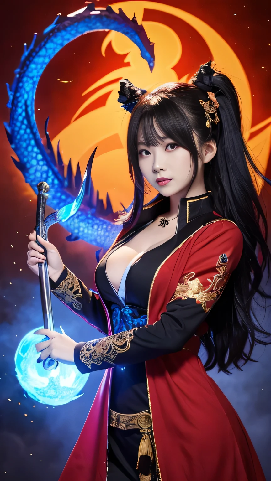 Girl, Holding a sword decorated with Japanese symbols, twin sword,Blue flames coming out of the decoration, A dragon came out of it、A blue wind blows with a skull ghost, Perfect Judy with a face and scythe,The woman is wearing a proper red outfit made of sickle steel., The woman's hair is black, The girl is the incarnation of a demon., Dragon on background,(The background of the CG 8k module is very detailed) (Highest quality), (Best illustrations), (Best shade), Highly detailed t-v6 mix 4, (8k, RAW Photos, Highest quality, masterpiece: 1.45), (Realistic, photoRealistic: 1.37), One Girl, cute, Professional Lighting, Photon Mapping,Small face,(cute顔:1.2)Beautiful 18 year old Japanese woman), cute顔, (Deeply chiseled face:0.7), (freckles:0.6), Soft Light,Healthy white skin, shy, (Serious face), (Sparkling eyes), thin, smile, uniform, Braiding