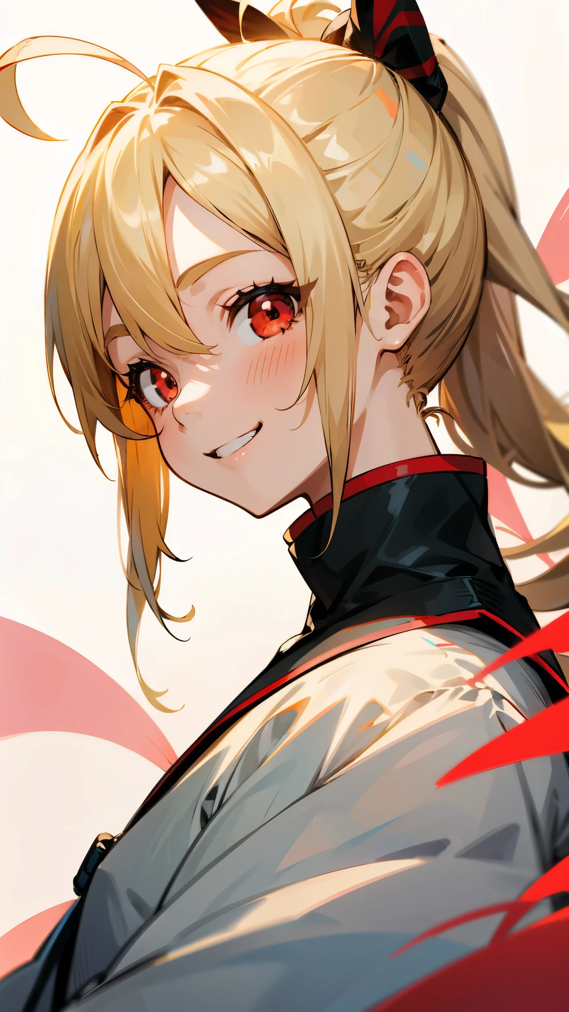 1 girl、Anime Images、blonde、ponytail、Round red eyes、Ahoge、Grin、From the side、Upper body close-up
