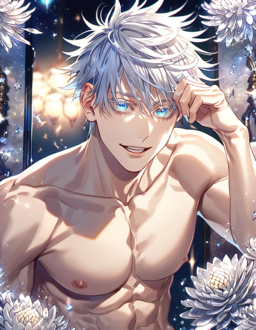 absurdres, highres, ultra detailed, HDR, master piece, best quality, extremely detailed, Gojou Satoru, white hair, expressive blue eyes, white eyelashes, Jujutsu Kaisen, solo, sexy man, handsome, smile, sensual, toned chest, bare chest, fantasy, room, sparkling, silver glittering fireflies, silver blossoms, silver chrysanthemums, silver sparkling lights, starry sky, magical