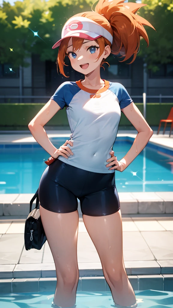 1 girl, masterpiece, best quality, highres, ro1, Misty from pokemon, hair bun, blue eyes, visor cap, , raglan sleeves, blue bicycle shorts, small ponytail on the side, wristwatch, standing, hand on hip, smile, open mouth, (sparkle:1.1), orange hair, medium breasts, 3/4 body view, outdoors, swimming pool