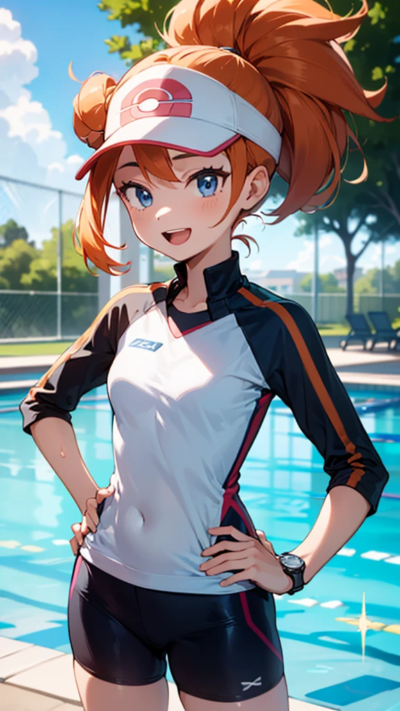 1 girl, masterpiece, best quality, highres, ro1, Misty from pokemon, hair bun, blue eyes, visor cap, , raglan sleeves, blue bicycle shorts, small ponytail on the side, wristwatch, standing, hand on hip, smile, open mouth, (sparkle:1.1), orange hair, medium breasts, 3/4 body view, outdoors, swimming pool