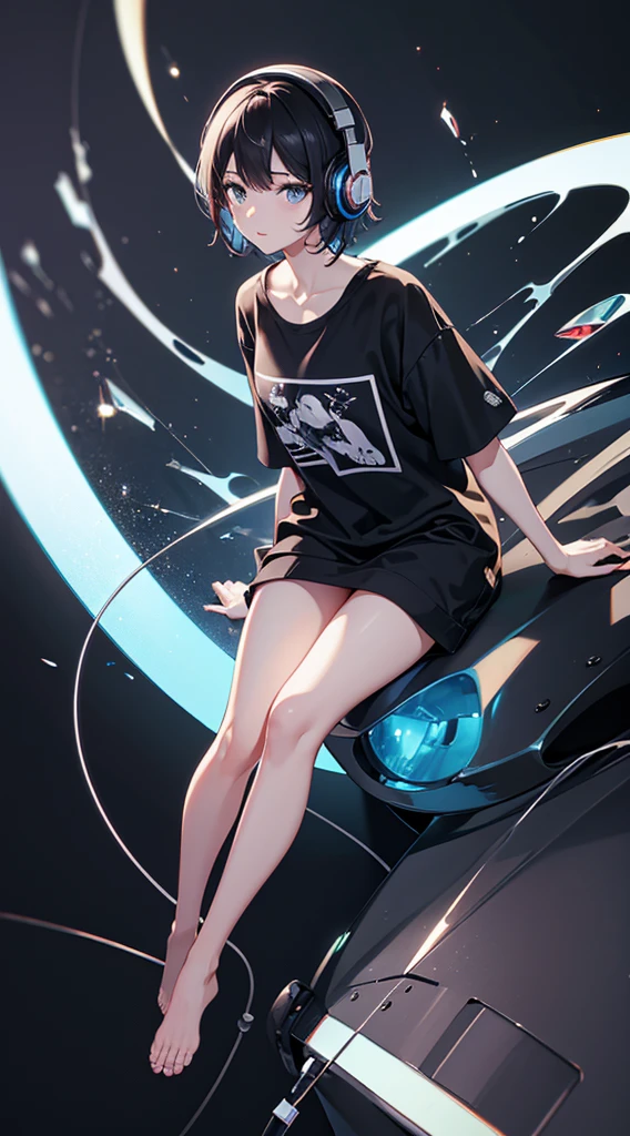 Top Quality, 8K, 4K, High Definition, Detail, (better-quality, 8K, 12), top-quality, 1 girl, short hair, she siting, wearing headphones, music effect around, full body, black background, shirt design,