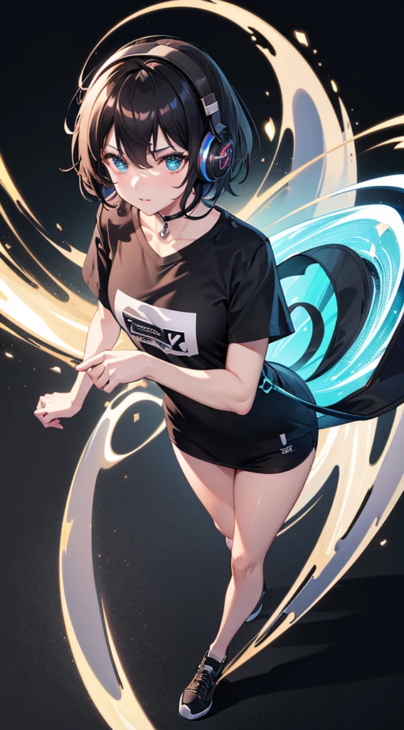 Top Quality, 8K, 4K, High Definition, Detail, (better-quality, 8K, 12), top-quality, 1 girl, short hair, she siting, wearing headphones, music effect around, full body, black background, shirt design,