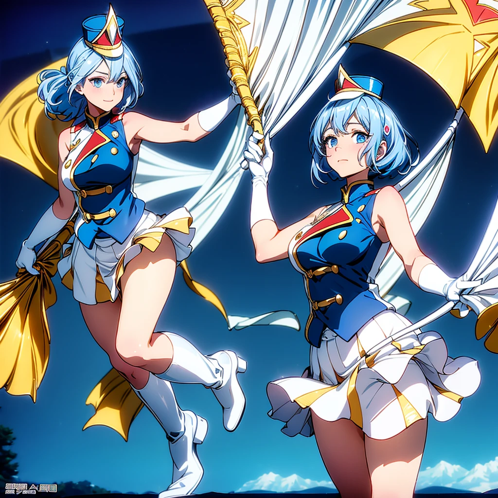 1girl、Dynamic composition、marching band、(((Masterpiece、Highest quality、Official Art、Super detailed、Handsome face、Dynamic composition)))、Anime Style、(Milky white and blue hair:1.3),(Blue eyes:1.4),(Bright colors:1.4),((Asanoha background:1.3)),, marching bandのユニフォームを着たクールな女の子, marching band hat、mini skirt, Frills, Black and white with gold embroidered flag held in both hands,(background:Large red flag on the back with gold floral embroidery, Note, )、euphonium、Huge Flag、