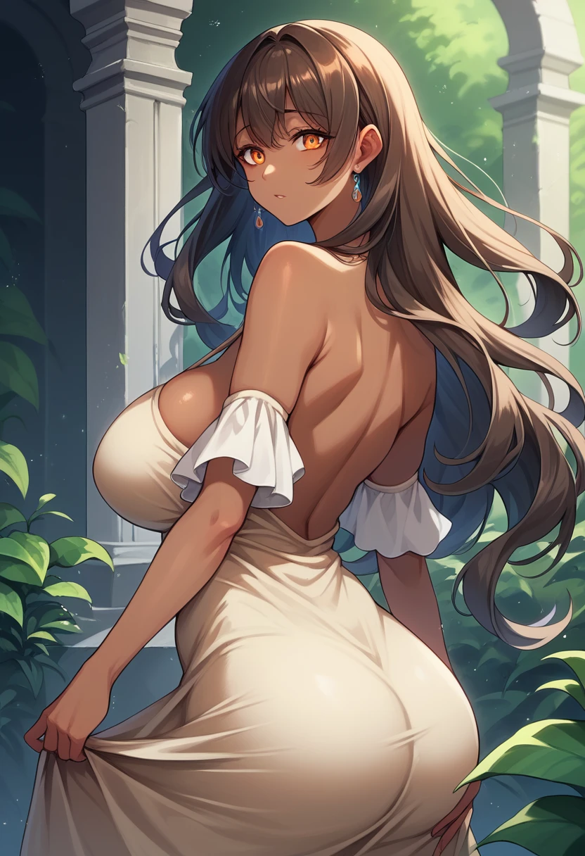 Brazilian indigenous adult woman anime character, beige dress, brown skin, long hair with bangs, best qualityer, skin detailed, detailedeyes, orange eyes,8k, good shading, beautiful features, detailed back ground, good anatomy, milf, curvy body (big ass and big boobs).