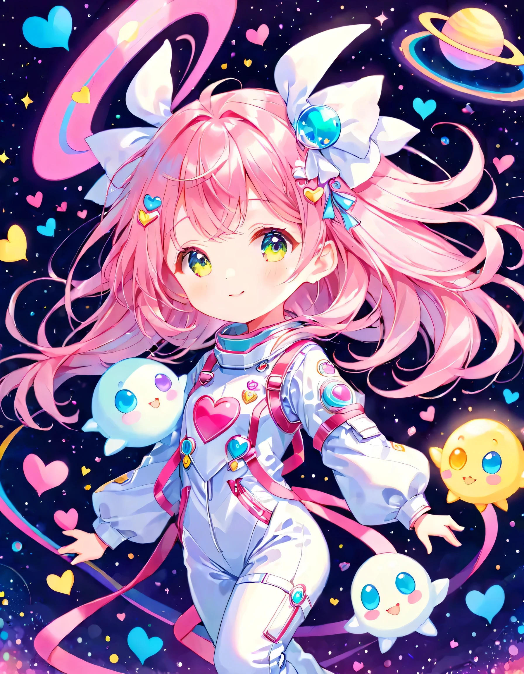 Momoko Sakura colorfull style, Simple Line Initialism，Abstract art，(((The most beautiful girl of all time))), (((chibi))), Sweet face. colorful hearts, dreamy design, (((happy dance))), Spacesuit, (((Cute Aliens))), The background is space