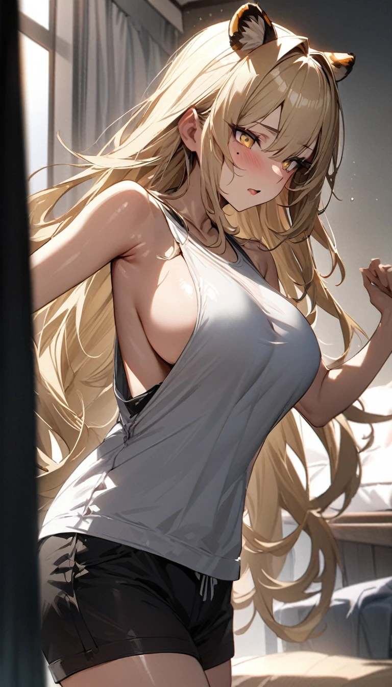 1girl、(((best quality)), ((masterpiece)), (details), masterpiece, best quality, high quality, ulutra detailed, perfect face, ((1girl, blond eyes, tiger ears: 1.3 blond long hair: 2.5,Mole under left eye:2.0))、Shiny Hair、Glowing Skin、Lustful look、Large breasts、Sideboob、Tank top、Swimsuit shorts、Waking up、living、hydration