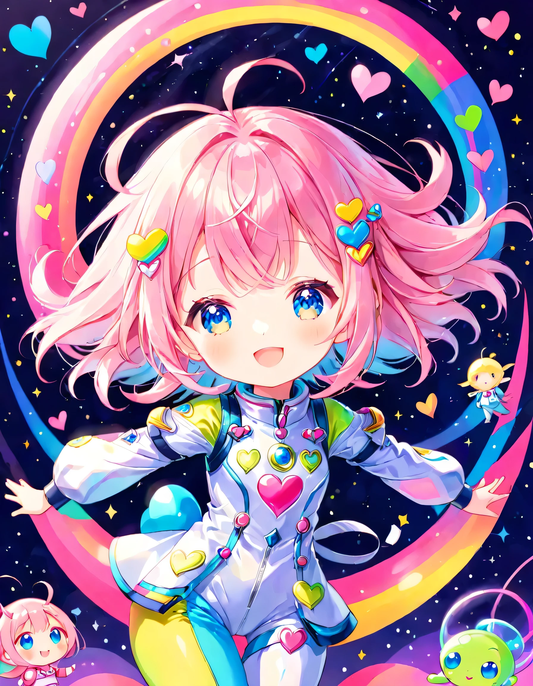 Momoko Sakura colorfull style, Simple Line Initialism,Abstract art,(((The most beautiful girl of all time))), (((chibi))), Sweet face. colorful hearts, dreamy design, (((happy dance))), Spacesuit, (((Cute Aliens))), The background is space