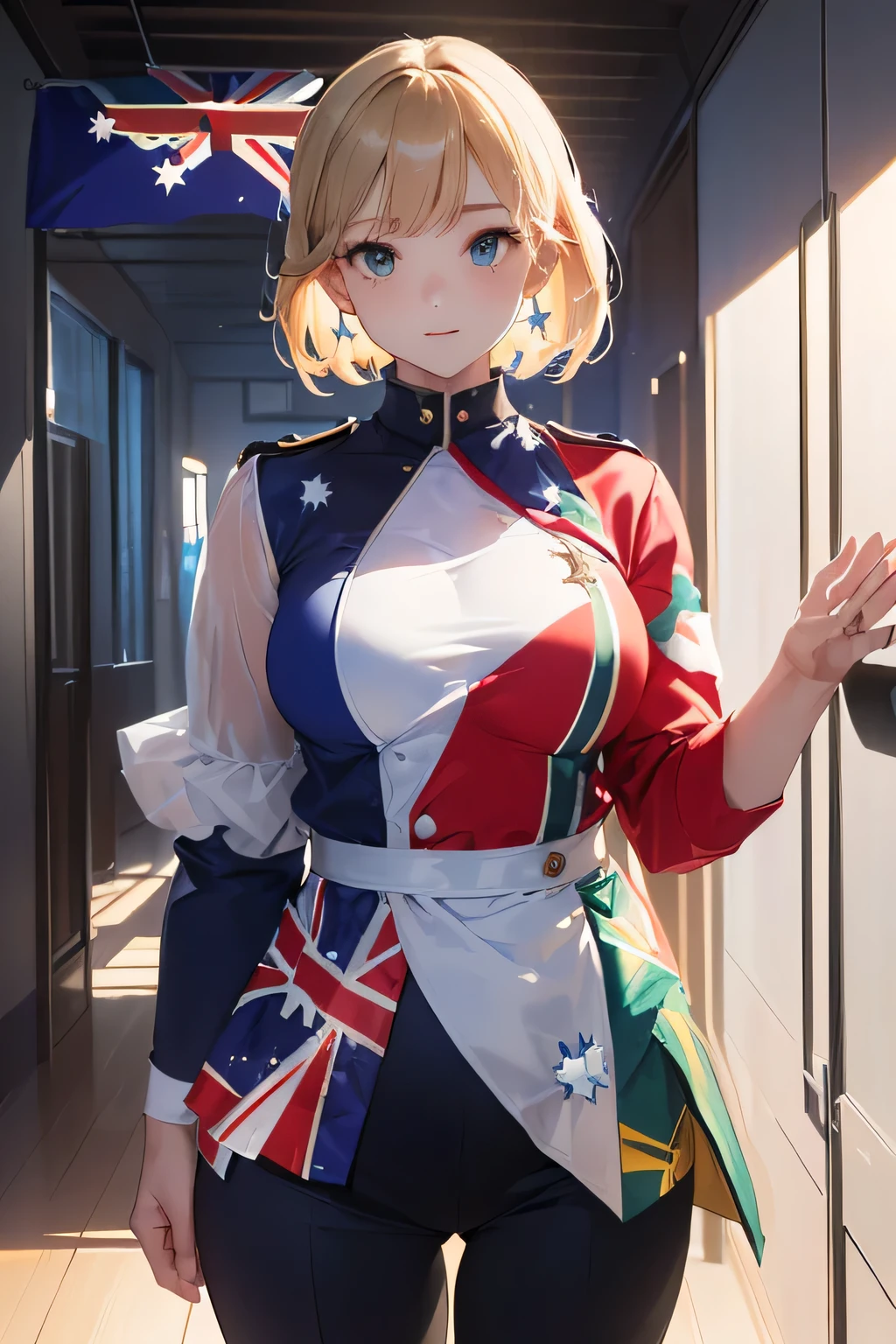 (((Australian flag-inspired outfit:1.3))),(((Woman in men's clothing:1.3))),(Federation Star),(masterpiece,Highest quality,Ultra-high resolution output images,Write boundary depth,Intricate details,Adding dimension to your subject with the contrast of light and shadow,Anatomically correct facial structure),(Picture Mode Ultra HD,)