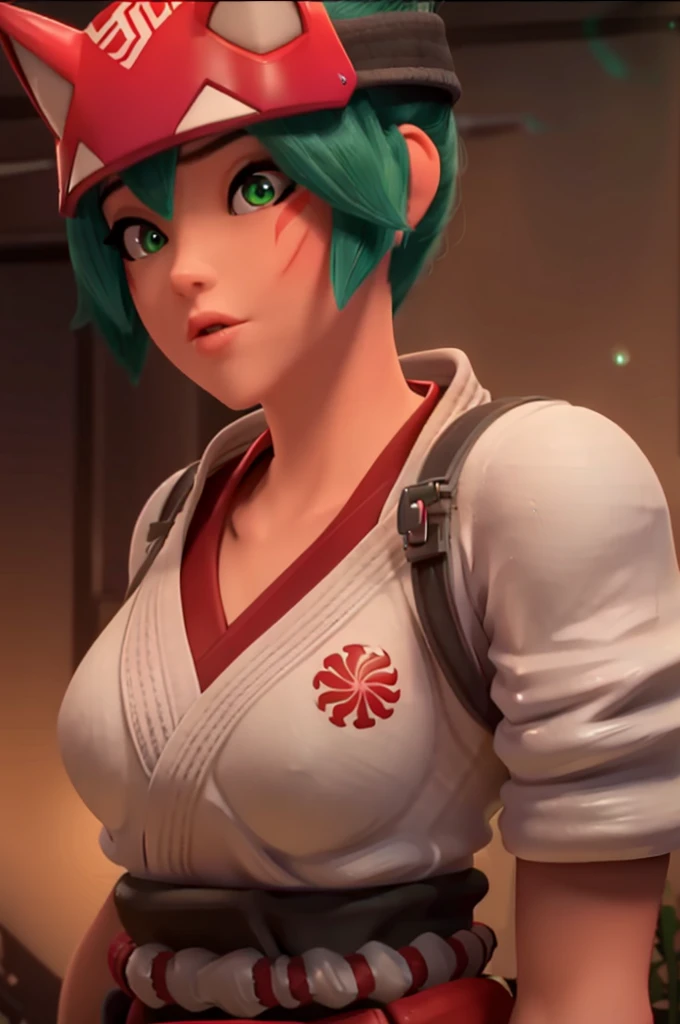 realistic, realism, photorealism, photo-realistic, high contrast, (photorealistic:1.4), 8k high definition detailed realistic, (best quality, masterpiece:1.2), NSFW,  photon mapping, radiosity, physically-based rendering, best quality, highly detailed, 1girl,  owkiriko, green hair:0.6, looks at the viewer, red dress, ((glowing eyes)),