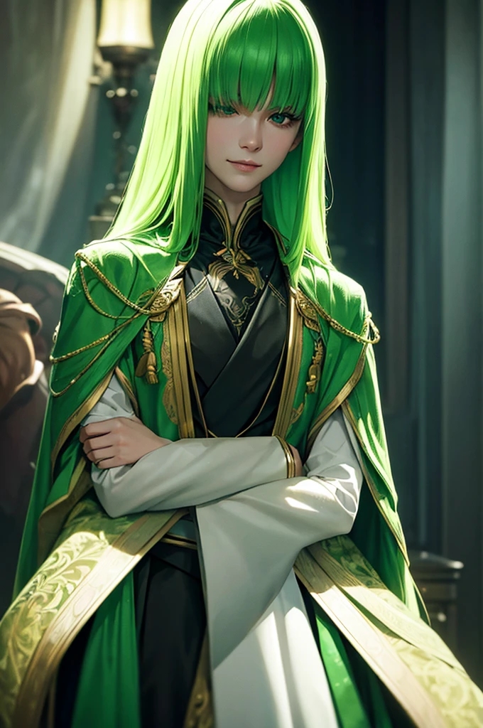 A man with lizard-like features, long green straight hair covering his eyes, a kind smile, wearing semi-formal prince-like clothing, paper-white skin, green lips, (best quality,4k,8k,highres,masterpiece:1.2),ultra-detailed,(realistic,photorealistic,photo-realistic:1.37),portrait,digital painting,highly detailed,intricate,cinematic lighting,dramatic lighting,vibrant colors,lush green,whimsical