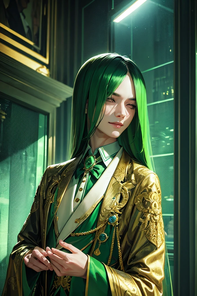 A man with lizard-like features, long green straight hair covering his eyes, a kind smile, wearing semi-formal prince-like clothing, paper-white skin, green lips, (best quality,4k,8k,highres,masterpiece:1.2),ultra-detailed,(realistic,photorealistic,photo-realistic:1.37),portrait,digital painting,highly detailed,intricate,cinematic lighting,dramatic lighting,vibrant colors,lush green,whimsical