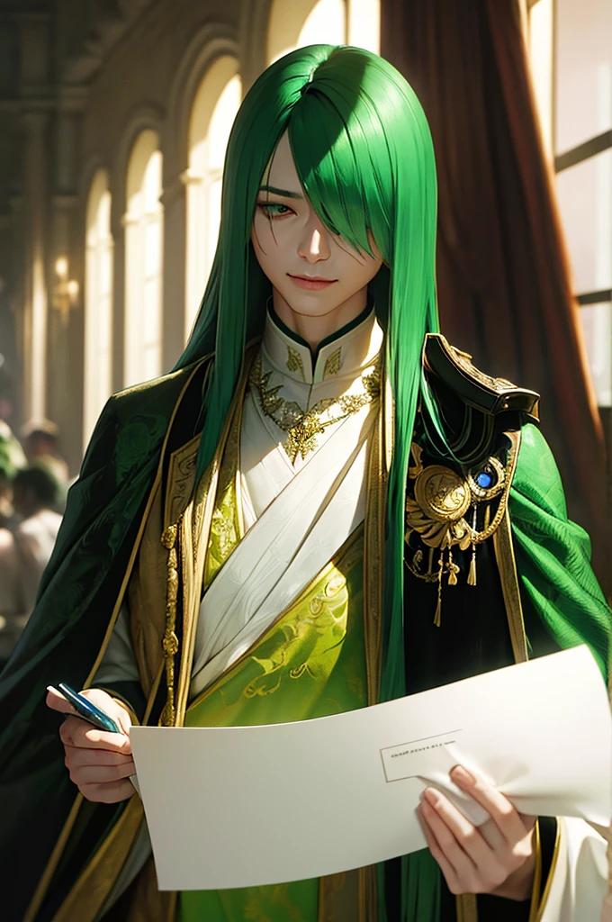 A man with lizard-like features, long green straight hair covering his eyes, a kind smile, wearing semi-formal prince-like clothing, paper-white skin, green lips, (best quality,4k,8k,highres,masterpiece:1.2),ultra-detailed,(realistic,photorealistic,photo-realistic:1.37),portrait,digital painting,highly detailed,intricate,cinematic lighting,dramatic lighting,vibrant colors,lush green,whimsical