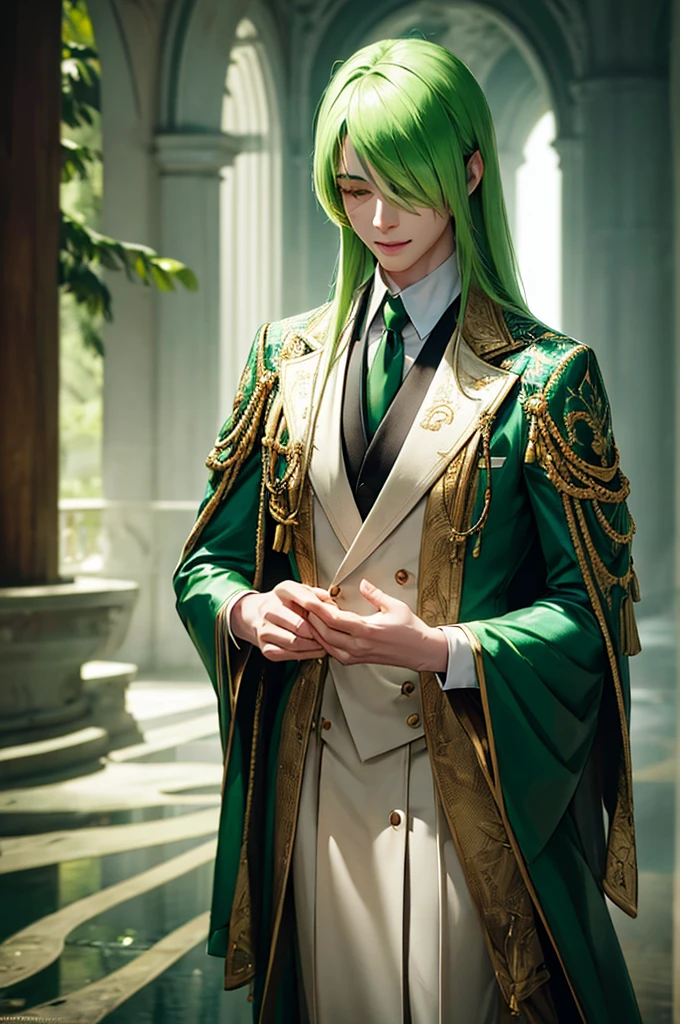 A man with lizard-like features, long green straight hair covering his eyes, a kind smile, wearing semi-formal prince-like clothing, paper-white skin, green lips, (best quality,4k,8k,highres,masterpiece:1.2),ultra-detailed,(realistic,photorealistic,photo-realistic:1.37),portrait,digital painting,highly detailed,intricate,cinematic lighting,dramatic lighting,vibrant colors,lush green,whimsical