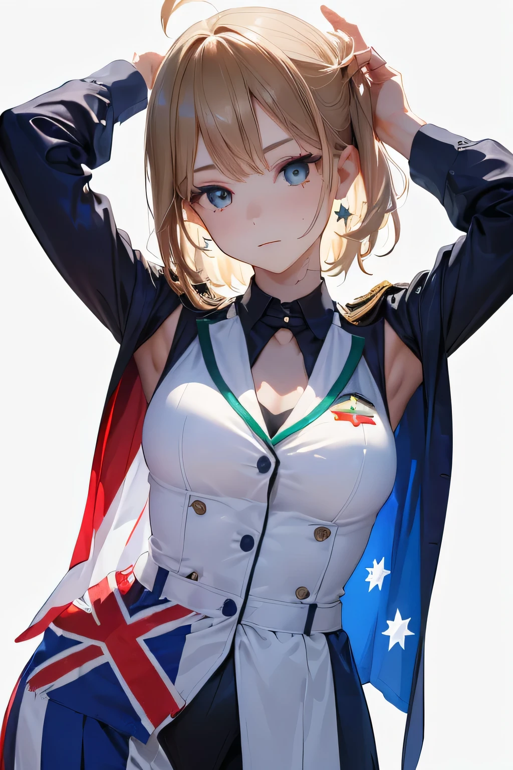 (((Australian flag-inspired outfit:1.3))),(((Woman in men's clothing:1.3))),(Federation Star),(masterpiece,Highest quality,Ultra-high resolution output images,Write boundary depth,Intricate details,Adding dimension to your subject with the contrast of light and shadow,Anatomically correct facial structure),(Picture Mode Ultra HD,)