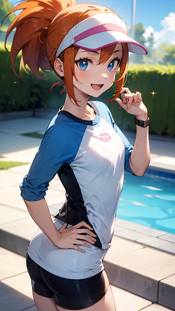 1 girl, masterpiece, best quality, highres, ro1, Misty from pokemon, hair bun, blue eyes, visor cap, , raglan sleeves, blue bicycle shorts, small ponytail on the side, wristwatch, standing, hand on hip, smile, open mouth, (sparkle:1.1), orange hair, medium breasts, 3/4 body view, outdoors, swimming pool