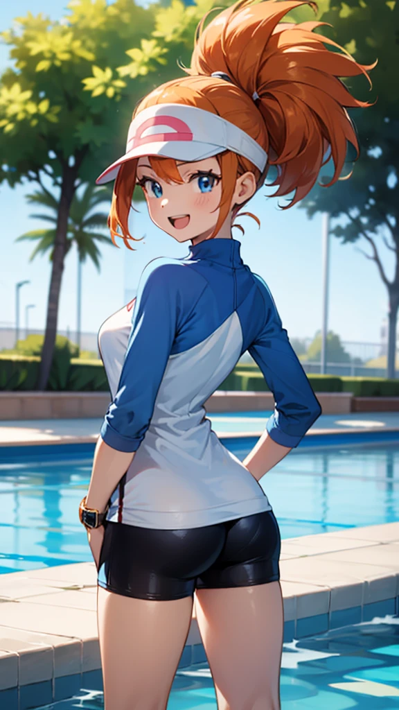 1 girl, masterpiece, best quality, highres, ro1, Misty from pokemon, hair bun, blue eyes, visor cap, , raglan sleeves, blue bicycle shorts, small ponytail on the side, wristwatch, standing, hand on hip, smile, open mouth, (sparkle:1.1), orange hair, medium breasts, 3/4 body view, outdoors, swimming pool